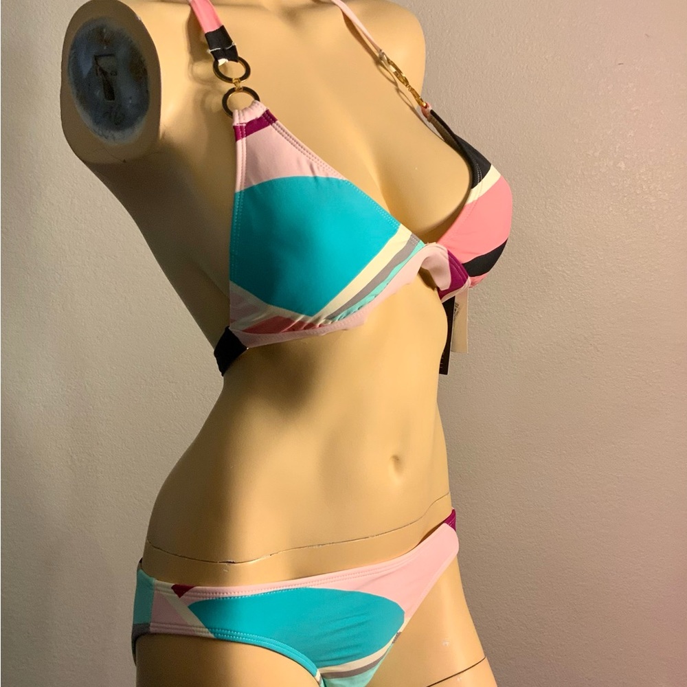 Radio Fiji Women’s Swimsuit Bikini Set Pink Color block Ringed Halter Hipster M